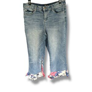 Women's Versona Contemporary Boho Ankle Jeans Flare Ruffle Floral Hem Size 29